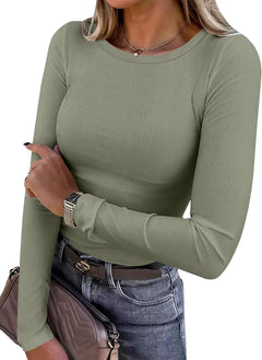 ANRABESS Women Long Sleeve Shirts Ribbed Fitted Tops - Sable & Red