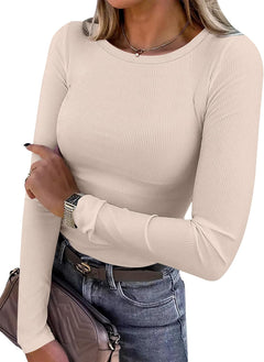 ANRABESS Women Long Sleeve Shirts Ribbed Fitted Tops - Sable & Red