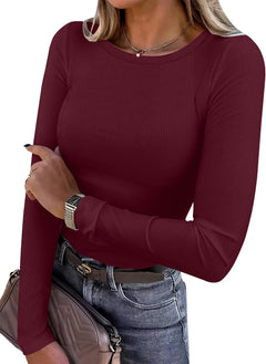 ANRABESS Women Long Sleeve Shirts Ribbed Fitted Tops - Sable & Red