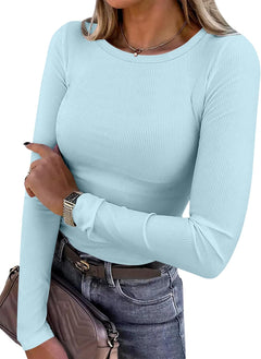 ANRABESS Women Long Sleeve Shirts Ribbed Fitted Tops - Sable & Red
