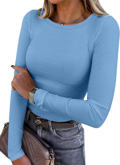 ANRABESS Women Long Sleeve Shirts Ribbed Fitted Tops - Sable & Red