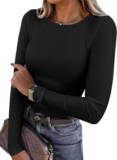 ANRABESS Women Long Sleeve Shirts Ribbed Fitted Tops - Sable & Red