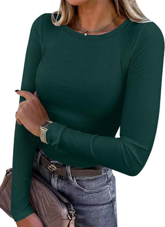 ANRABESS Women Long Sleeve Shirts Ribbed Fitted Tops - Sable & Red
