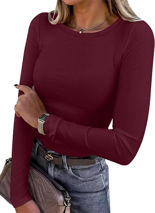 ANRABESS Women Long Sleeve Shirts Ribbed Fitted Tops - Sable & Red