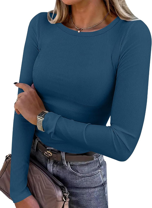 ANRABESS Women Long Sleeve Shirts Ribbed Fitted Tops - Sable & Red