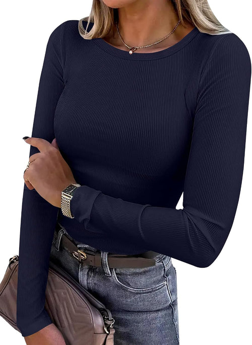 ANRABESS Women Long Sleeve Shirts Ribbed Fitted Tops - Sable & Red