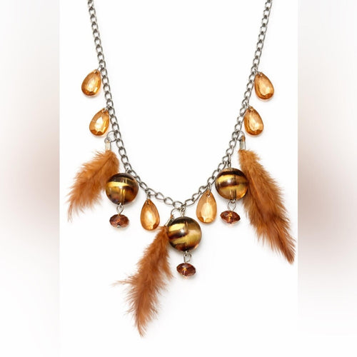 Anthropologie Boho Feather Amber Crystal Charm Chain Statement Necklace - Sable & Red