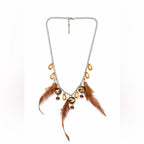 Anthropologie Boho Feather Amber Crystal Charm Chain Statement Necklace - Sable & Red