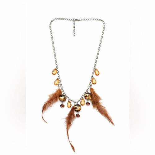Anthropologie Boho Feather Amber Crystal Charm Chain Statement Necklace - Sable & Red