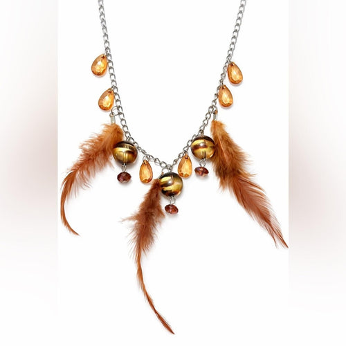 Anthropologie Boho Feather Amber Crystal Charm Chain Statement Necklace - Sable & Red
