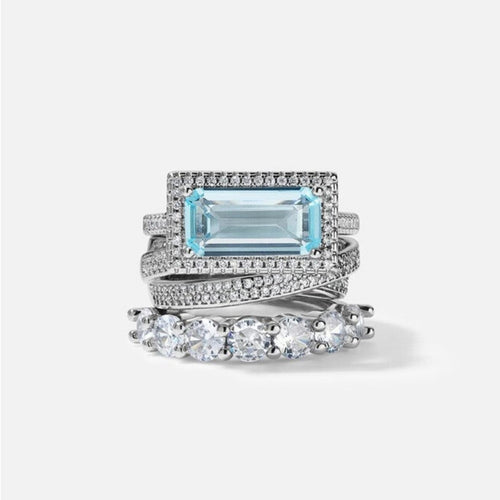 Aquamarine and Diamond 3 Ring Statement Stacked Ring Set - Women Jewelry - Sable & Red