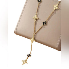 Atelier Gold and Black Flower Lucky Clover Y-Drop Necklace - Sable & Red