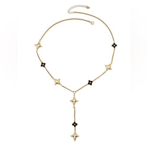 Atelier Gold and Black Flower Lucky Clover Y-Drop Necklace - Sable & Red