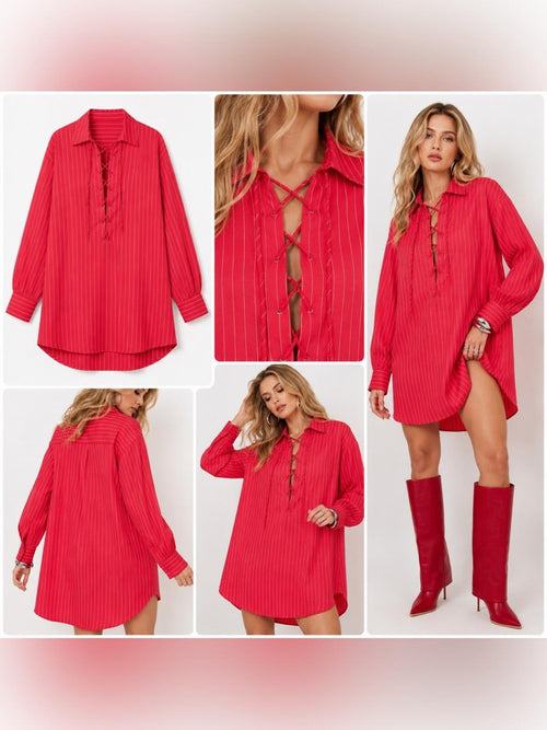 Red Pinstripe Lace-Up Oversized Shirt Dress Size XS