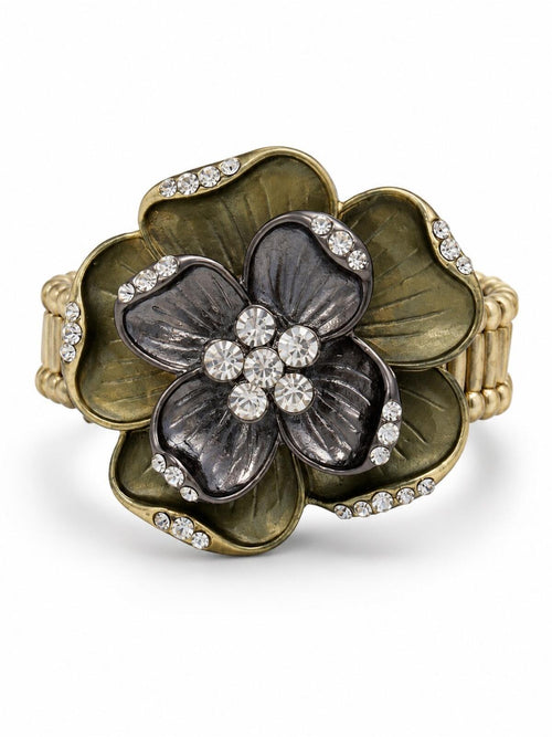 Crystal Floral Antique Statement Stretch Ring - Gold and Gunmetal