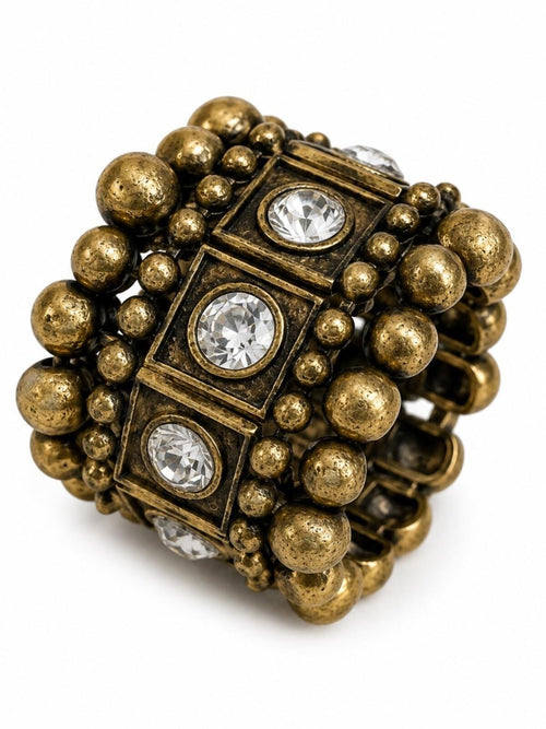 Neiman Marcus Vintage Brass Crystal Stretch Ring Statement Cocktail Boho Luxe