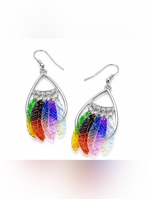 Colorful Iridescent Feather Dangle Earrings Sterling Silver Rainbow Boho