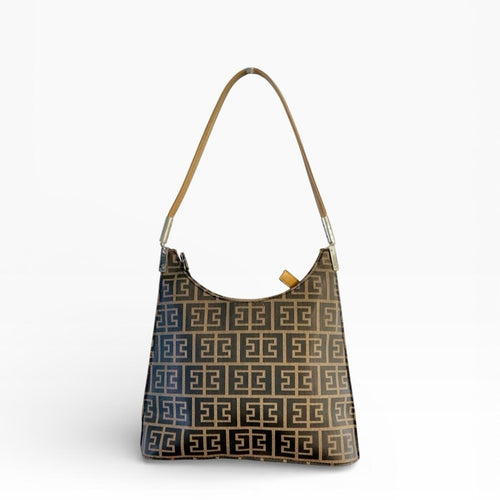 Black & Beige Patterned Shoulder Bag with Gold-Tone Hardware - Sable & Red