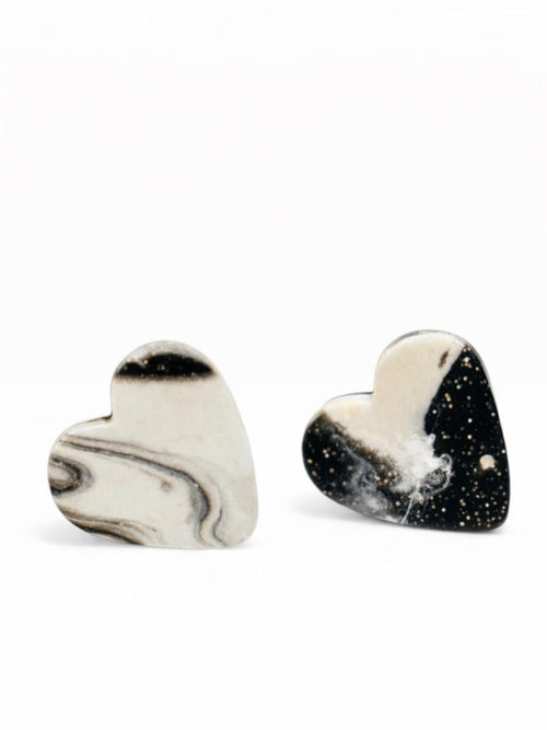 Black Glitter & White Heart Stud Earrings - Women Jewelry - Sable & Red