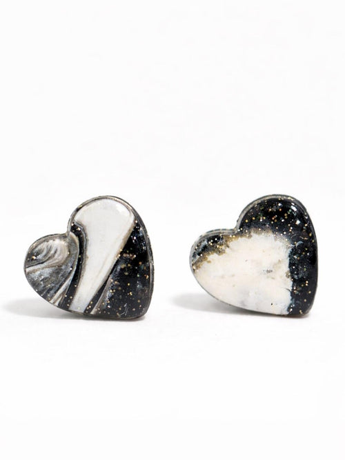 Black Glitter & White Heart Stud Earrings - Women Jewelry - Sable & Red