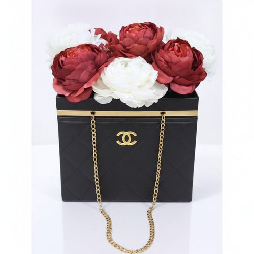 Black Quilted Box Mini Bag with Gold Hardware * Flower Bouquet Holder - Sable & Red