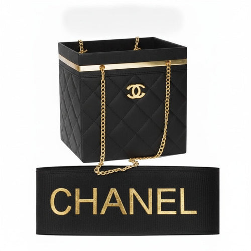 Black Quilted Box Mini Bag with Gold Hardware * Flower Bouquet Holder - Sable & Red