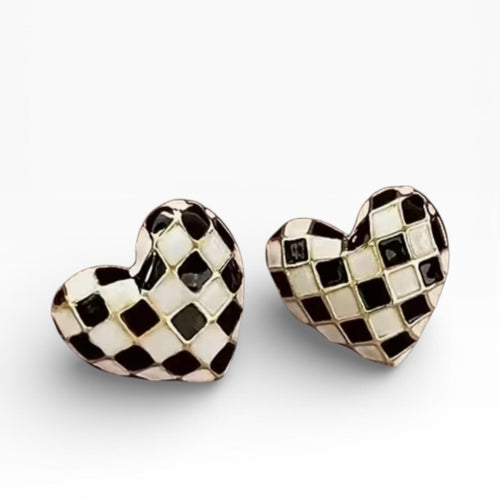 Black & White Checkerboard Heart Stud Earrings with Gold Outlines - Sable & Red