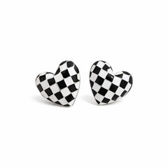 Black & White Checkerboard Heart Stud Earrings with Gold Outlines - Sable & Red