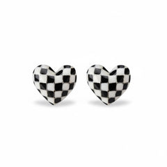 Black & White Checkerboard Heart Stud Earrings with Gold Outlines - Sable & Red
