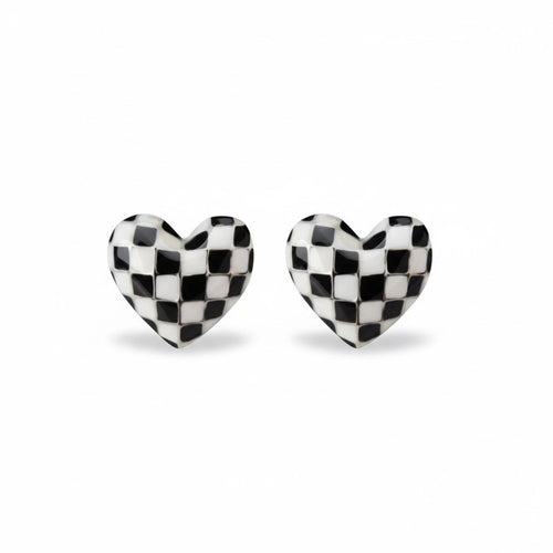 Black & White Checkerboard Heart Stud Earrings with Gold Outlines - Sable & Red