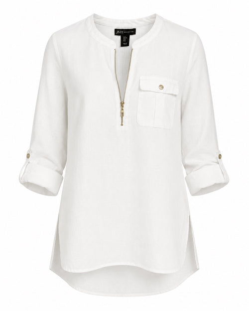 Jones New York White 100% Linen High-Low Zip Tunic Top Large