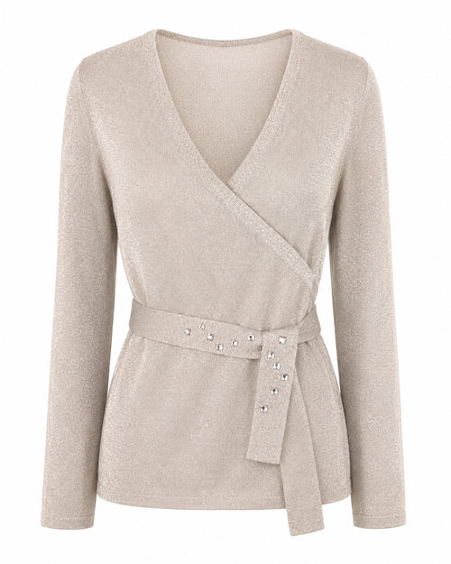 Nine & Co. Beige Metallic Shimmer Wrap Sweater Rhinestone Belt Detail Sz L