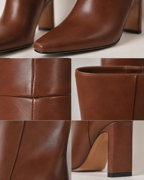 Cognac Brown Knee-High Pointed Toe Dress Boots with Block Heel