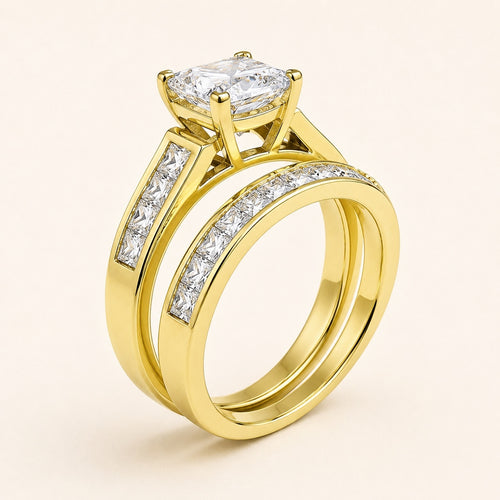 4.5 CTW Gold-Plated Princess Cut CZ Bridal Ring Set