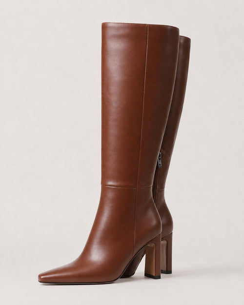Cognac Brown Knee-High Pointed Toe Dress Boots with Block Heel