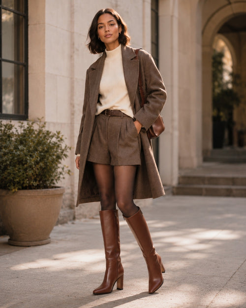Cognac Brown Knee-High Pointed Toe Dress Boots with Block Heel