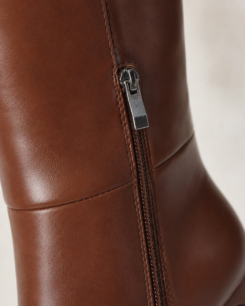 Cognac Brown Knee-High Pointed Toe Dress Boots with Block Heel