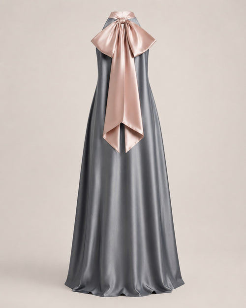 Charcoal High Neck Blush Bow Back Satin Formal Maxi Dress