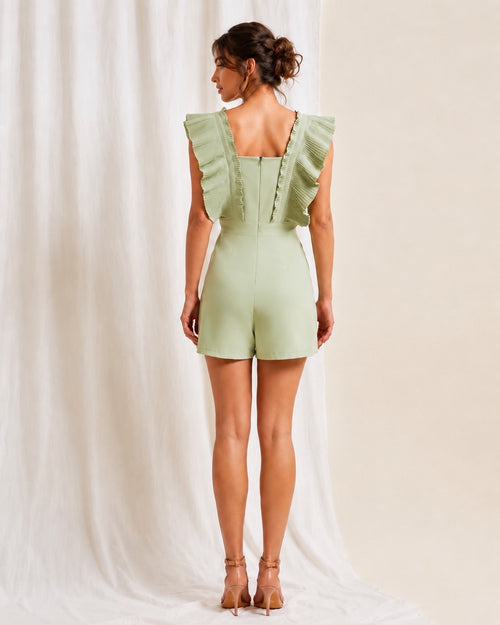 Pleated Ruffle Sleeve Romper Sage Green Size M Statement Playsuit