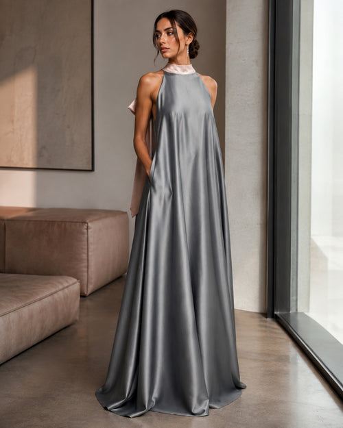 Charcoal High Neck Blush Bow Back Satin Formal Maxi Dress