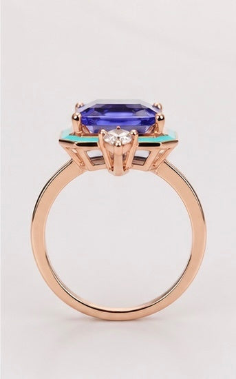 Tanzanite Blue Enamel 18K Rose Gold-Plated Ring Size 7