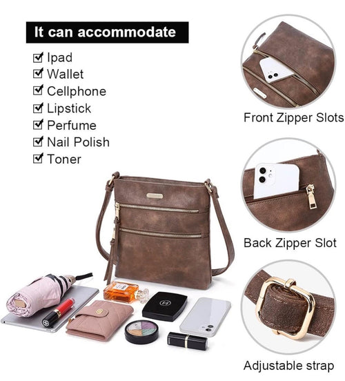 CLUCI Coffee Brown Multi-Zip Crossbody Bag