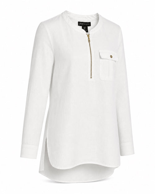Jones New York White 100% Linen High-Low Zip Tunic Top Large