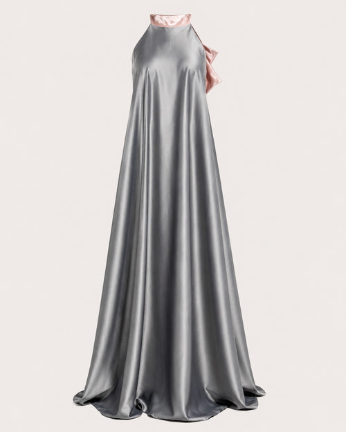 Charcoal High Neck Blush Bow Back Satin Formal Maxi Dress