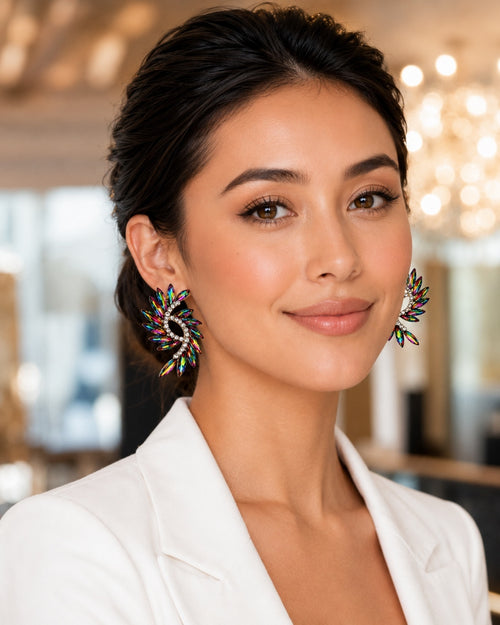 Multicolor Crystal Wing Statement Stud Earrings