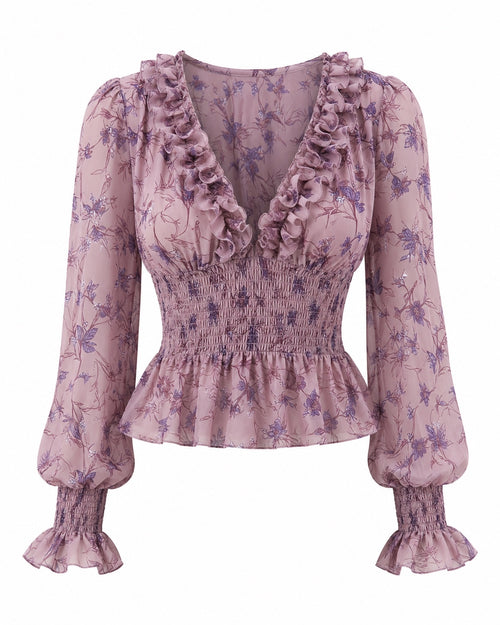 Women’s Mauve Floral Ruffle Smocked Peplum Blouse Size Small/4