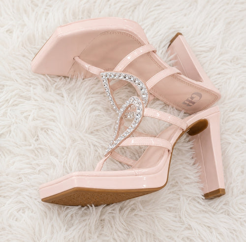 Gianni Bini GB “The Heart” Rhinestone Heart Platform Thong Heeled Sandals Pink