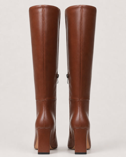 Cognac Brown Knee-High Pointed Toe Dress Boots with Block Heel