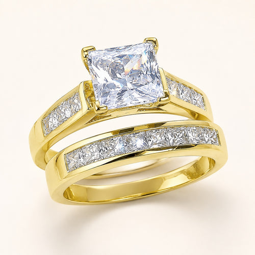 4.5 CTW Gold-Plated Princess Cut CZ Bridal Ring Set