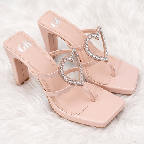 Gianni Bini GB “The Heart” Rhinestone Heart Platform Thong Heeled Sandals Pink